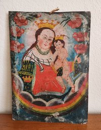 Vintage Fine Art Handpainted Made In Mexico Retablo On Metal