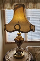 Vintage Fine Porcelain Base And Metal Accent Table Lamp With Fancy Original Shade #1