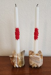 (2) Vintage Onyx Marble Candlestick Holders With Candles