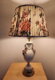 Vintage Porcelain Base Table Lamp With Original Floral Shade