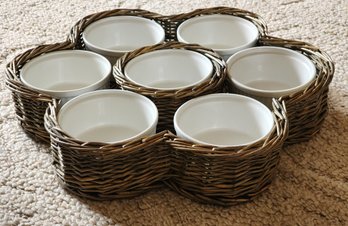 Set Of Vintage ARABIA Made In Finland Ramekin Dishes With Woven Wicker Basket