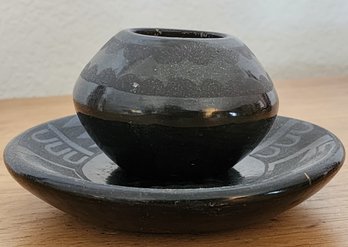 Vintage Pueblo Black Pottery Cup And Plate Set