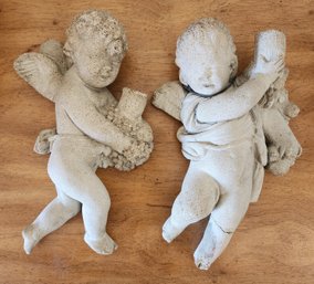 Vintage Pair Of Cement CHERUB Candle Holder Hanging Figures