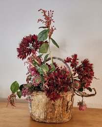 Vintage Tree Bark Theme Basket With Artifical Flower Arrangement