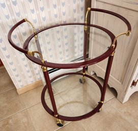 Vintage Wood, Glass And Brass Accent Bar Cart On Wheels