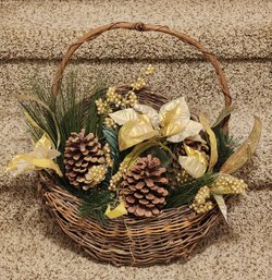 Hanging Woven Twig Basket With Pinecone Accents