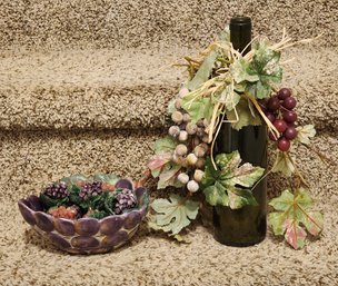 Wine And Grape Theme Decor Selections - Grape Candles, Grape Bowl And Wine Bottle Table Accent