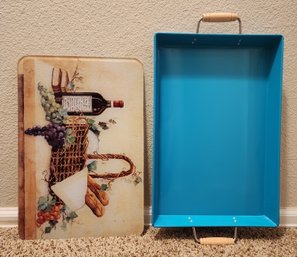 Metal Blue Serving Tray With Handles And Glass Cutting Board