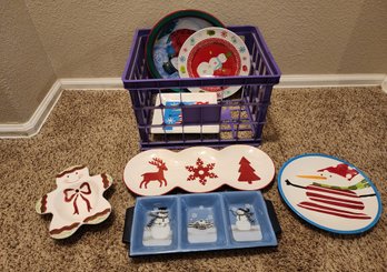 Large Assortment Of Christmas Serving Dishes With Plastic Basket