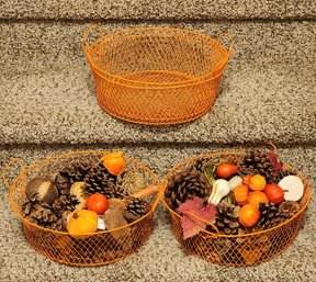 (4) Metal Orange Baskets - (2) Filled With Fall Theme Accents