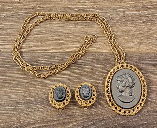Vintage Cameo Style Necklace With Pendant Brooch And Matching Earrings #A14