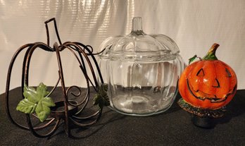 (3) Fall Halloween Decor Selections - Glass Pumpkin, Glass Wall Light And Metal Pumpkin