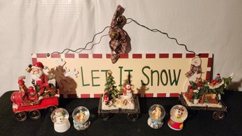Assortment Of Christmas Holiday Decor - Mini Snowglobes, Train Style Railroad Cars And Sign