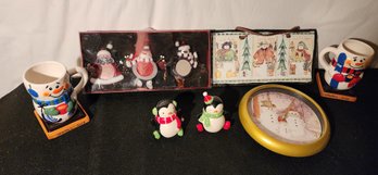 Assortment Of Christmas Holiday Decor - Mugs, Mini Frames, Salt And Pepper Shakers And Signs