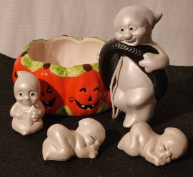 Assortment Of Ceramic Halloween Decorations - Ghost Figures And Pumpkin Bowl