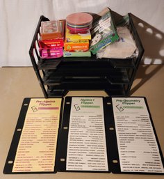 Assortment Of Education Essentials, Plastic Organizer And Flash Cards