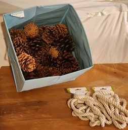 (2) New Decorative Nautical Ropes And Pine Cone Bundle With Fabric Box Tote