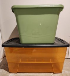 (2) Storage Totes With Lids - Green And Orange