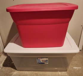 (2) Storage Totes With Lids - Red And Clear