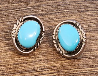 Vintage Handmade Sterling Silver And Turquoise Clip On Earrings #A161