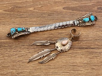 (2) Steeling Silver Native American Style Selections - Watch Band And Earring #A162