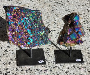 (2) Rainbow Aura Quartz Crystal Clusters On Stands #A243