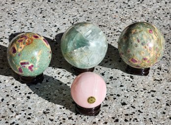 Natural RUBY In Fuchsite, Flourite And Pink Rose Quartz SPHERES On Stands