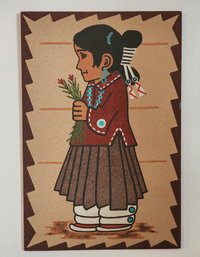 Vintage New Mexico Sand Painting 'Navajo Girl' SIGNED By Artist