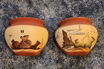 (2) Vintage Sand Painting Style Decorative Wall Pockets