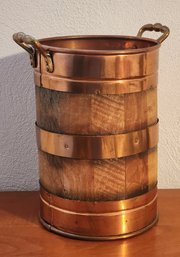 Vintage Wood And Copper Accent Barrel With Handles
