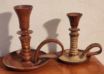 (2) Vintage SIGNED Handmade Ceramic Candle Holders
