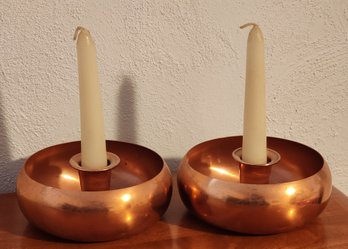 (2) Vintage Copper Candle Holders With Candles