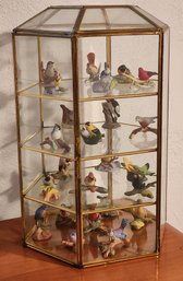 Vintage Brass And Glass Display Case With Assortment Of Porcelain Birds