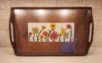 Vintage Wooden Serving Tray With Needlepoint Center Accent