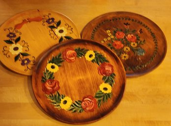 Vintage Set Of (3) Handpainted Folk Art Hanging Wood Platters
