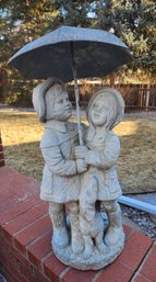 Vintage HEAVY Cement Yard Decor Statue Of Girl And Boy Under Umbrella