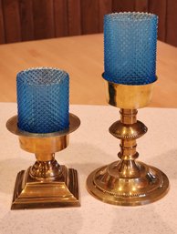 (2) Vintage Brass Candle Holders And Blue Votive Accents