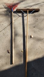 Vintage Wooden Shop Broom And Metal Rake