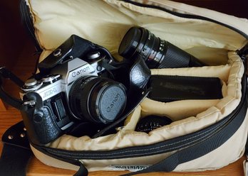 CANON AE-1 35MM Camera With Bag, Flash And (3) Lenses