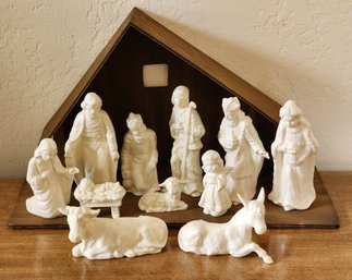 Assortment Of Vintage GORBEL Porcelain Nativity Figures And Wooden Manger