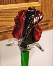 Vintage Handmade Art Glass Rose With Vase And Clear Bead Rocks