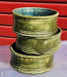(3) Vintage Ceramic Handmade Bowls Green Tone