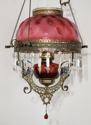 Antique Victorian Cranberry Glass Hanging Oil Parlor Lamp