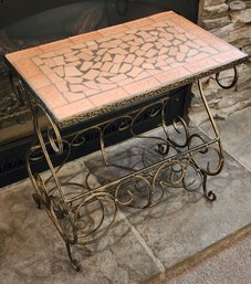 Vintage Metal Base Accent Side Table Plant Stand Mosaic Clay Tile