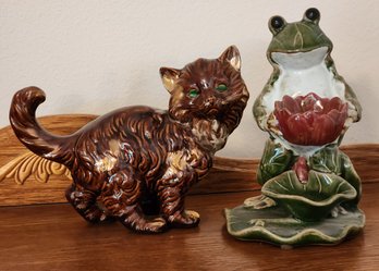 (2) Ceramic Decor Selections - Frog And Cat Playtime