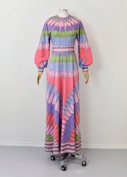 1970s Aremis Psychedelic Floral Petal Print Gown Maxi Dress