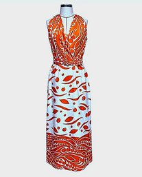Vintage Womens 70s Orange Printed V Neck Belted Maxi Dress