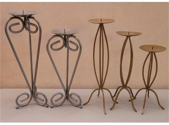 Set Of (5) Metal Candle Holders Ornate Design