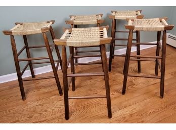 Vintage Asian Inspired Wood And Woven Seat Bar Stools