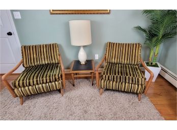 Pair Of Vintage Mid Century Sculptural Wood And Fabric Lounge Chairs